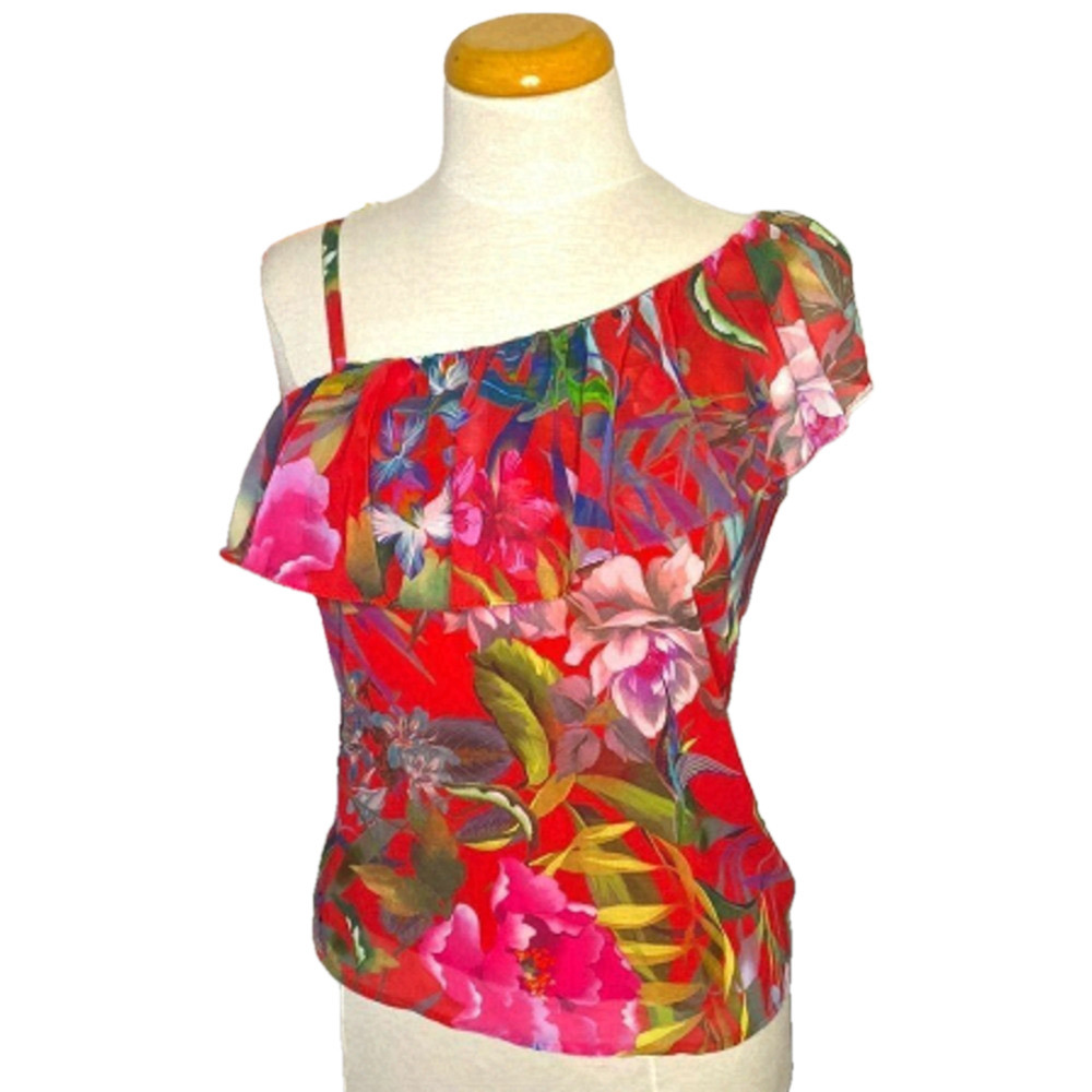 🌷 Rina Scimento🌷 Red Floral Ruffle Sheer Top